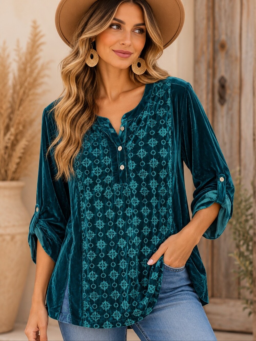 557. John Mark Anasatsia Velvet Embroidered Henley Tunic